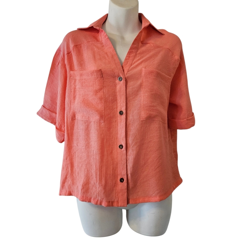 Lily Star Coral Pink Blouse Button Down Cropped Top Sz.S Boxy